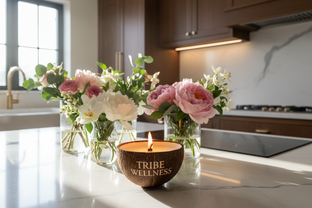 coconut-shell-burning-wooden-wick-candle-with-tribe-wellness-engraved- in a luxury kitchen surrounding by flowers in vases