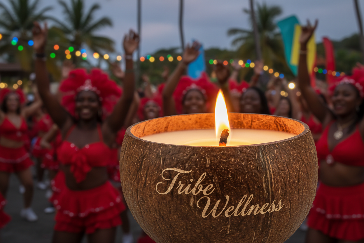coconut shell burning wooden wick candle with "Tribe Wellness" engraved on shell in a caribbean fete with people in red