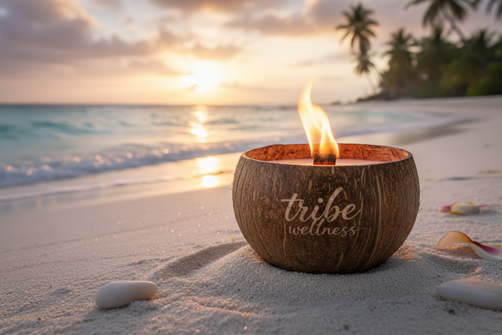 coconut shell burning wooden wick candle with tribe wellness engraved on shell on a romantic Caribbean beach