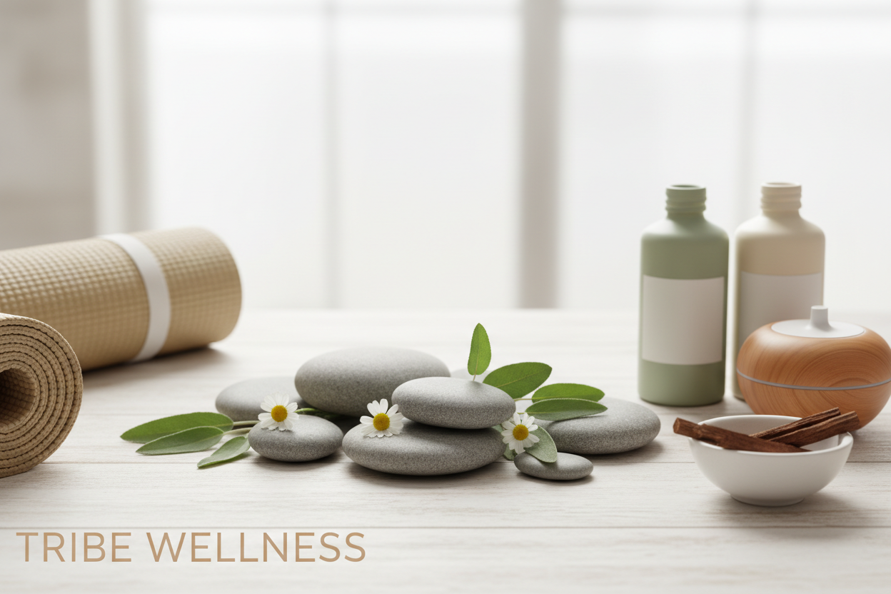 create a website image in a realistic format inspired by all the attached images for my wellness brand Tribe Wellness
