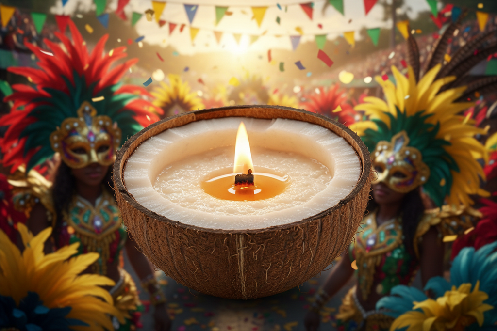 realistic image of a coconut shell wooden wick candle in trinidad carnival background